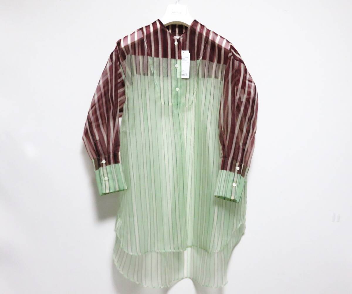 送料無料 定価6.9万 新品 TELMA Printed Sheer Pullover 34 日本製 テルマ シアー プルオーバー ポリエステル ロング ストライプ シャツ_画像1
