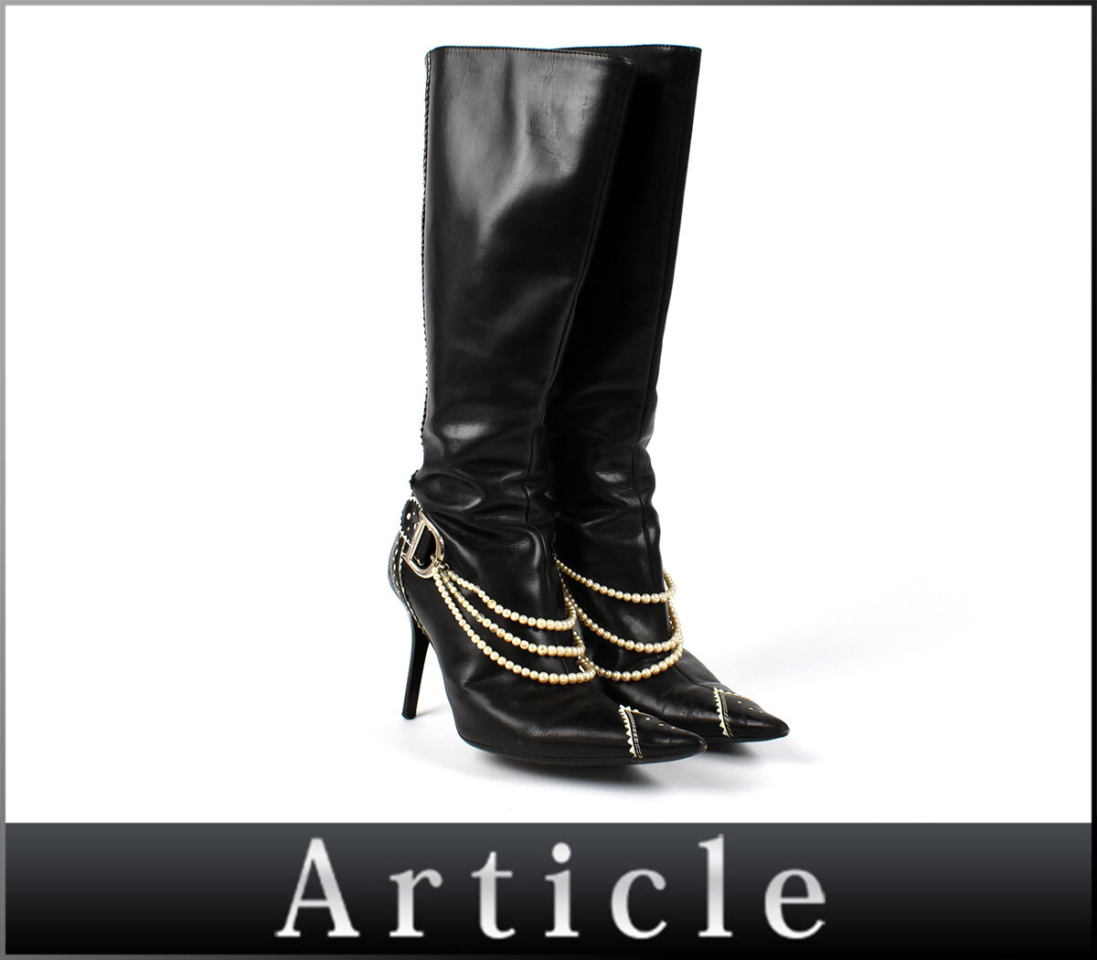 235661□ Christian Dior ディオール ポインテッドトゥ ピンヒール ロングブーツ 靴 23cm レザー フェイクパール ブラック レディース/ F