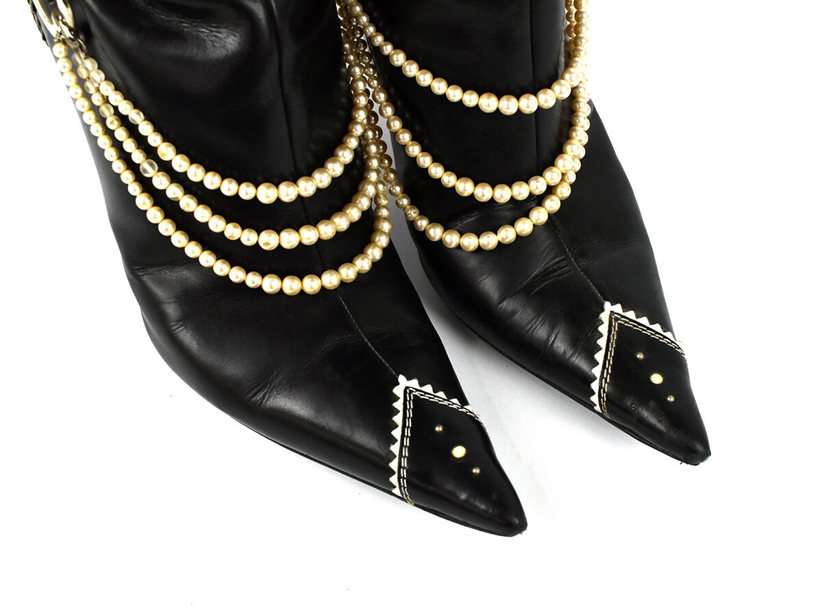 235661□ Christian Dior ディオール ポインテッドトゥ ピンヒール ロングブーツ 靴 23cm レザー フェイクパール ブラック レディース/ F