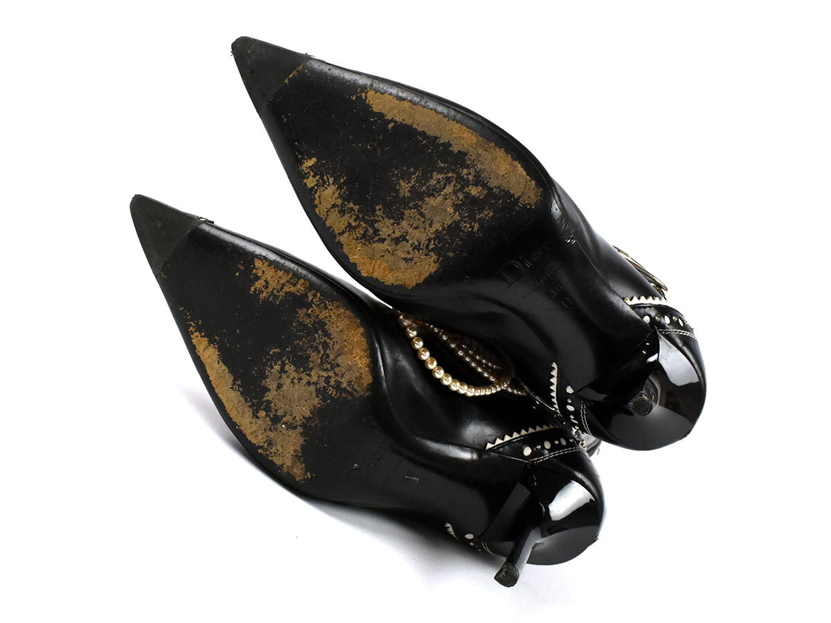 235661□ Christian Dior ディオール ポインテッドトゥ ピンヒール ロングブーツ 靴 23cm レザー フェイクパール ブラック レディース/ F