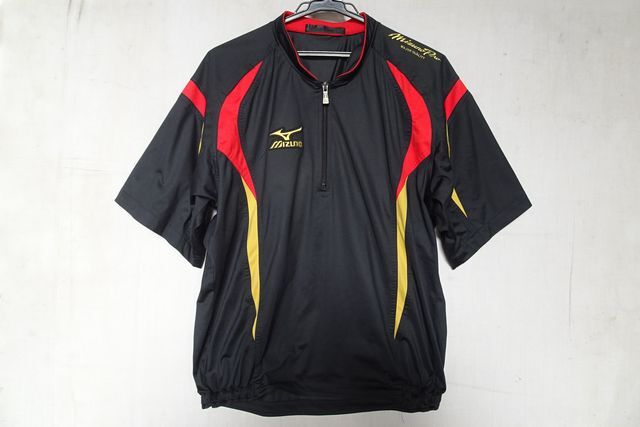 Mizuno Pro/ミズノ/半袖プルオーバー/ジャージ系素材/ハーフジップ/赤?黃切替/裾サイドゴム/スポーツ/黒/ブラック/Lサイズ(9/24R7)