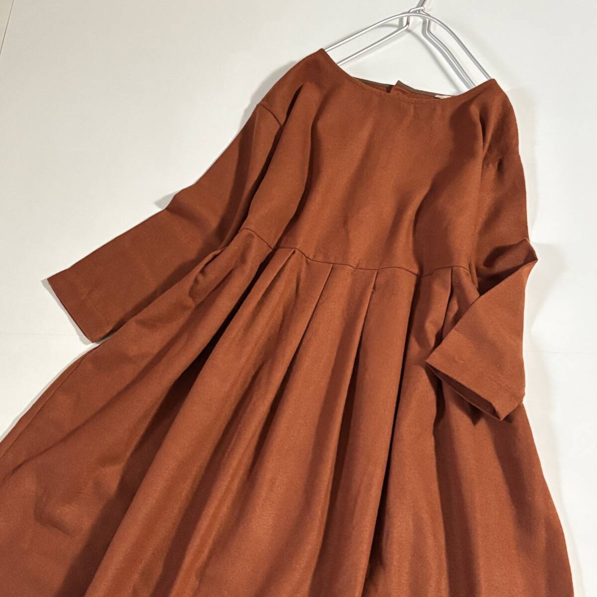 新　Samansa Mos2　サマンサモスモス　ゆったりサイズF　//　ウールミックス　茶?オレンジ系　毛混起毛タック　ワンピース　⑥