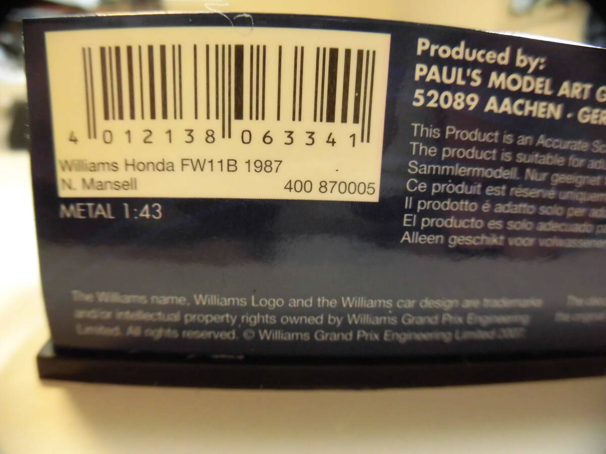 ウィリアムズ・ホンダFW11B　ナイジェル・マンセル　1987　【PMA　1/43　ミニチャンプス　F1ミニカー】　ウィリアムズFW11B_画像7