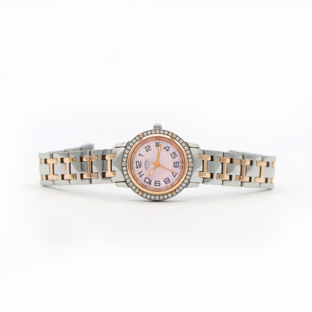 電池交換済 HERMES エルメス クリッパー ダイヤベゼル CP1.222 ダイヤモンド デイト ピンクシェル PGP SS レディース クォーツ_画像4