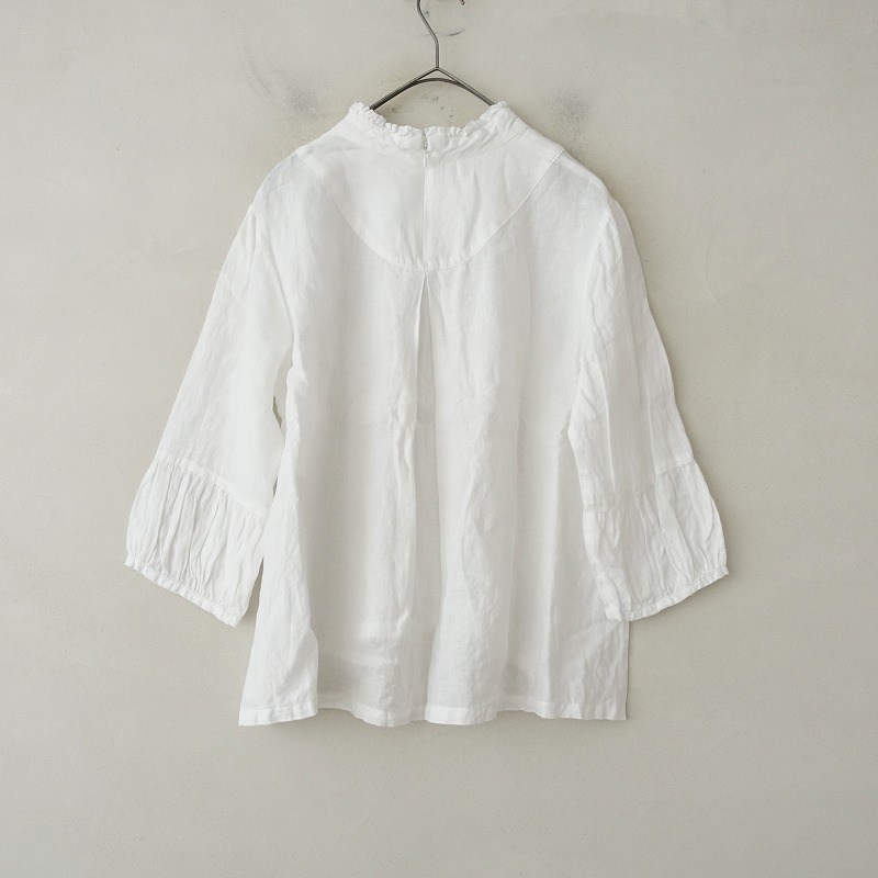 ポプリ pot-pourri *スタンドフリルカラーリネンチュニックブラウス*ホワイト麻バックジッパー切替7分袖(2-2508-550)【91I52】