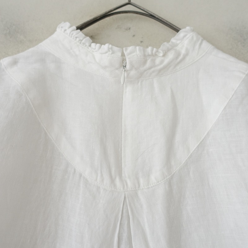 ポプリ pot-pourri *スタンドフリルカラーリネンチュニックブラウス*ホワイト麻バックジッパー切替7分袖(2-2508-550)【91I52】