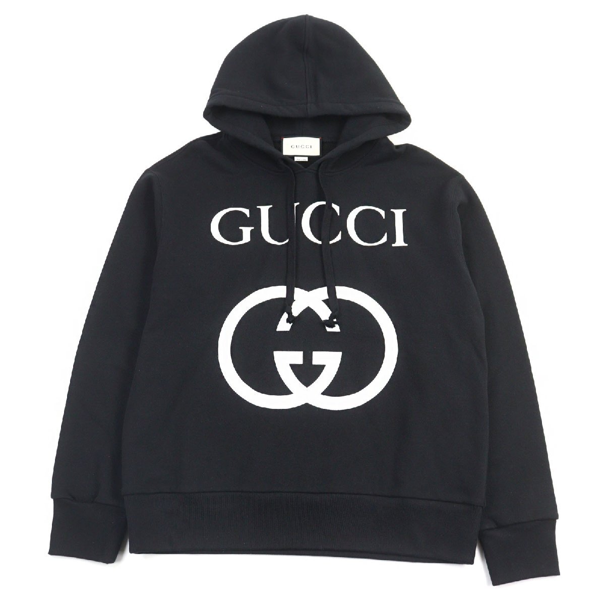 極美品○GUCCI グッチ 475374 コットン100% インターロッキングG ロゴプリント プルオーバー パーカー ブラック系 M 伊製 正規品 メンズ_画像1