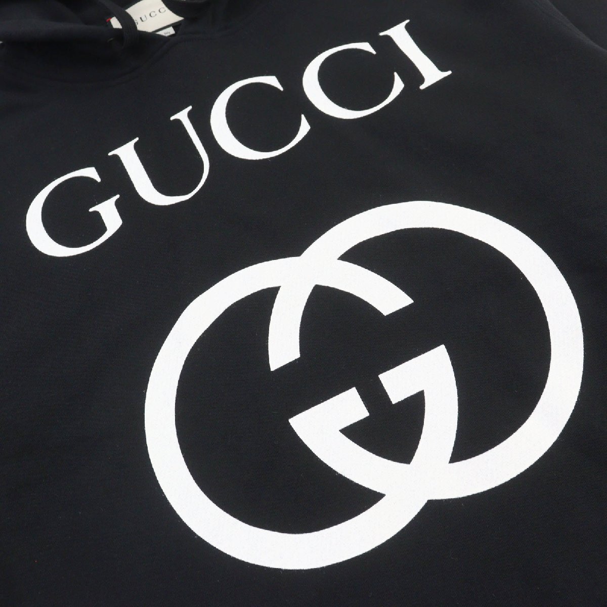 極美品○GUCCI グッチ 475374 コットン100% インターロッキングG ロゴプリント プルオーバー パーカー ブラック系 M 伊製 正規品 メンズ_画像4