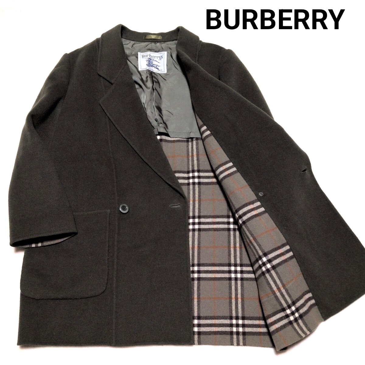 【1円〜】極美品 BURBERRY バーバリー チェスターコート ダブルブレスト カシミヤ ウール L メガチェック カーキー 定価20万_画像1