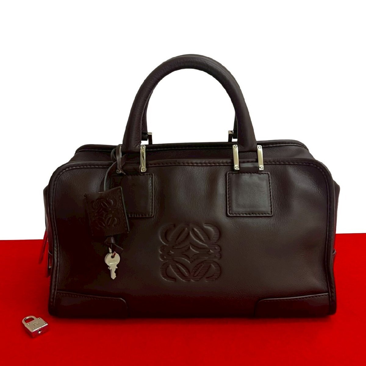 極 美品 カデナ 鍵付き LOEWE ロエベ アマソナ 28 アナグラム ロゴ レザー 本革 ハンドバッグ ミニ ボストンバッグ ブラウン 164-6