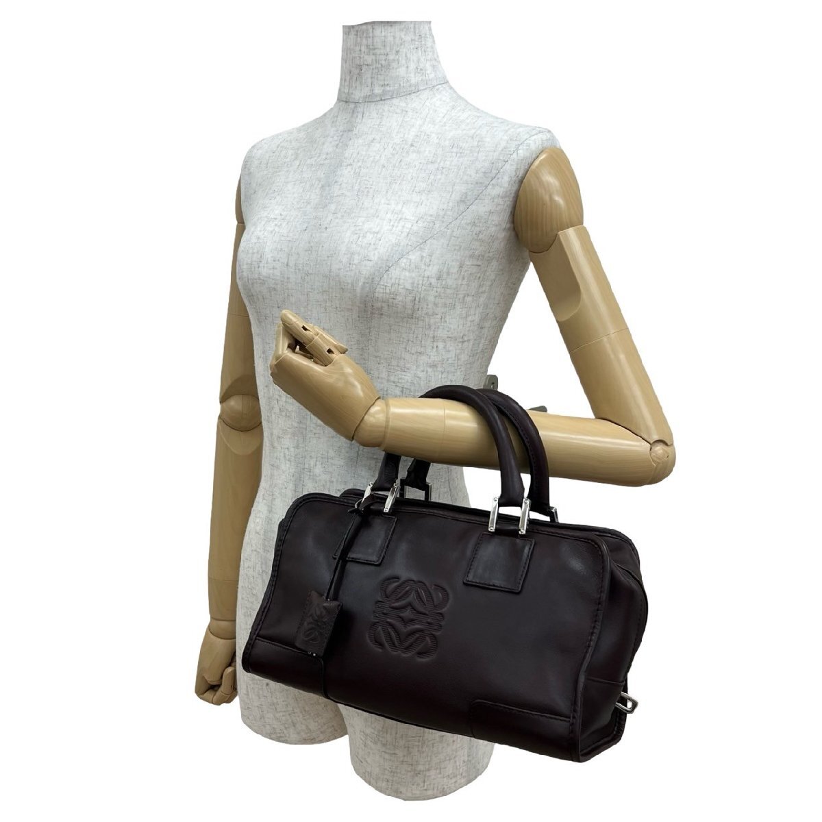 極 美品 カデナ 鍵付き LOEWE ロエベ アマソナ 28 アナグラム ロゴ レザー 本革 ハンドバッグ ミニ ボストンバッグ ブラウン 164-6