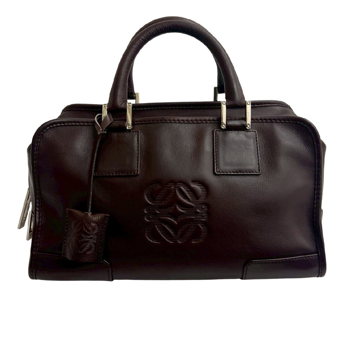 極 美品 カデナ 鍵付き LOEWE ロエベ アマソナ 28 アナグラム ロゴ レザー 本革 ハンドバッグ ミニ ボストンバッグ ブラウン 164-6