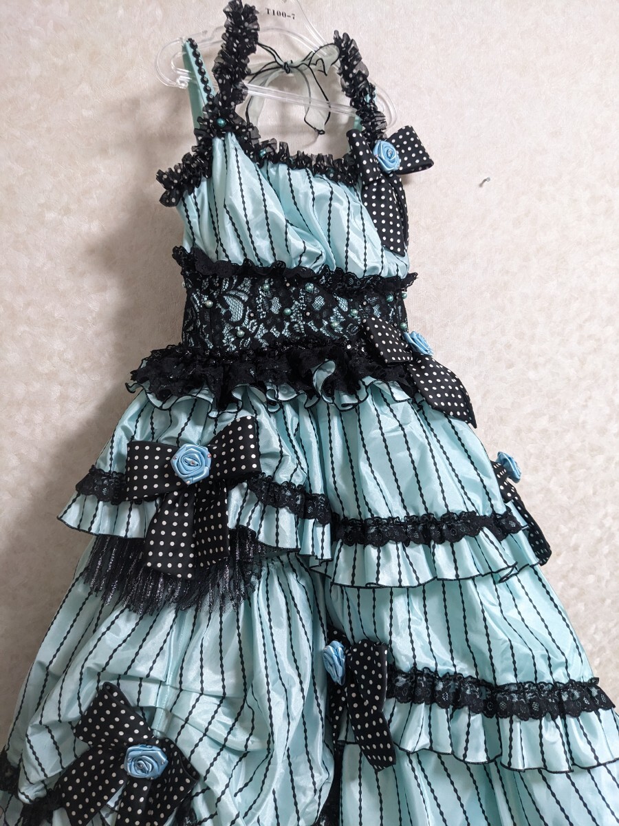 非売品！子供用 七五三 ドレス 140サイズ I’m今井 7歳〜 水色系 ストライプ リボン 撮影 モデル CM 写真 貸衣装 中古 ど14_画像2