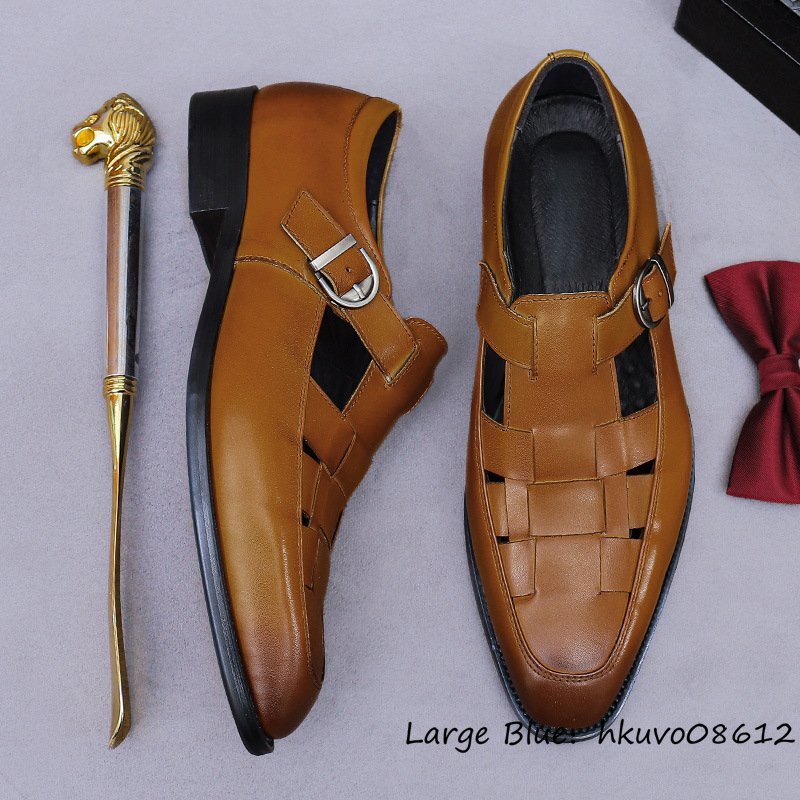 定価10万◆サンダル 本革 ビジネスシューズ メンズ 職人手作り ヴィンテージ 高級牛革 透かし彫り 通気性 レザーシューズ ブラウン 25.5cm