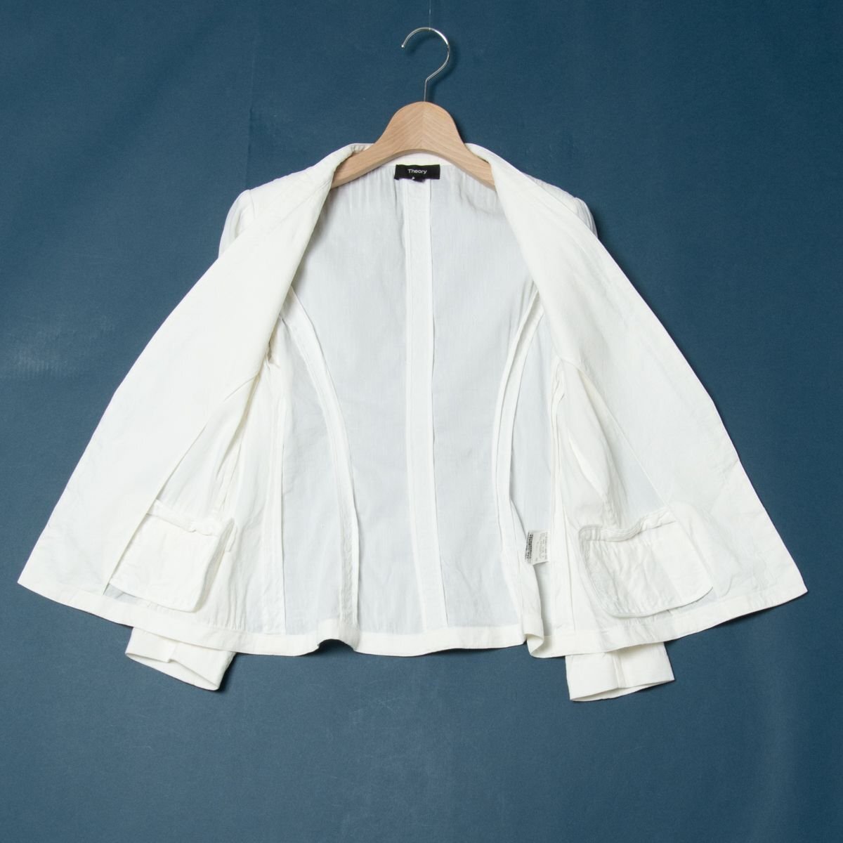 Theory セオリー カラーレスジャケット 前留めなし 裏なし 麻レーヨン 伸縮性あり 大人きれいめ 春夏 ホワイト 白 0 日本製 レディース_画像3