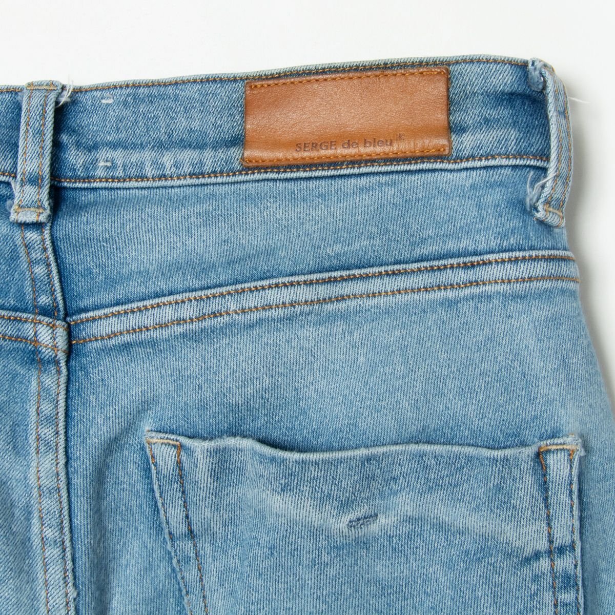 SERGE de bleu サージ 24 USED加工 ストレッチ テーパード デニムパンツ インディゴブルー コットン混 ジップフライ レディース 婦人_画像7