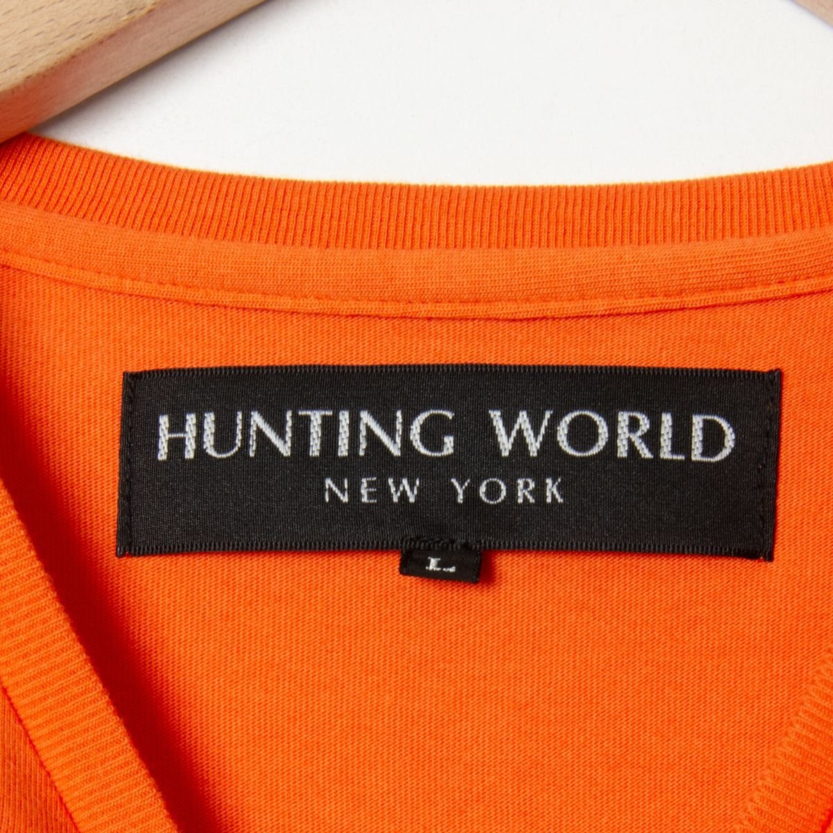 メール便? HUNTING WORLD ハンティングワールド L 半袖 クルーネック プリントTシャツ オレンジ系 綿100％ メンズ 紳士 春夏 カジュアル