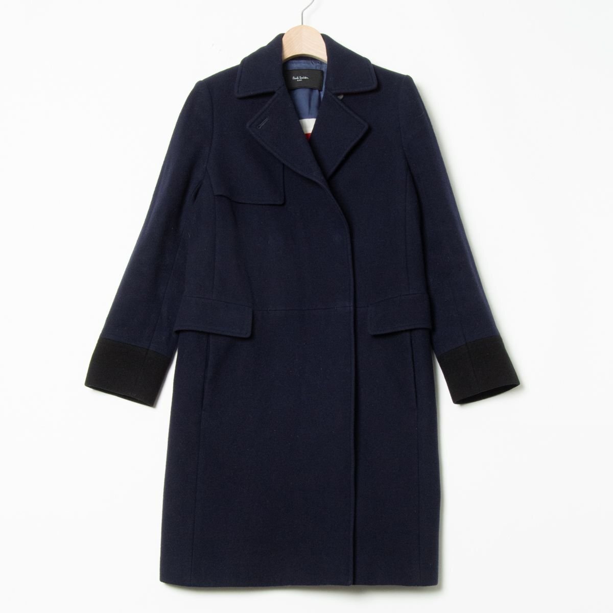 【1円スタート】Paul Smith BLACK ポールスミス 袖口配色コート アウター ウール100% トラッド 紺 ネイビー 無地 38 日本製 レディース_画像1