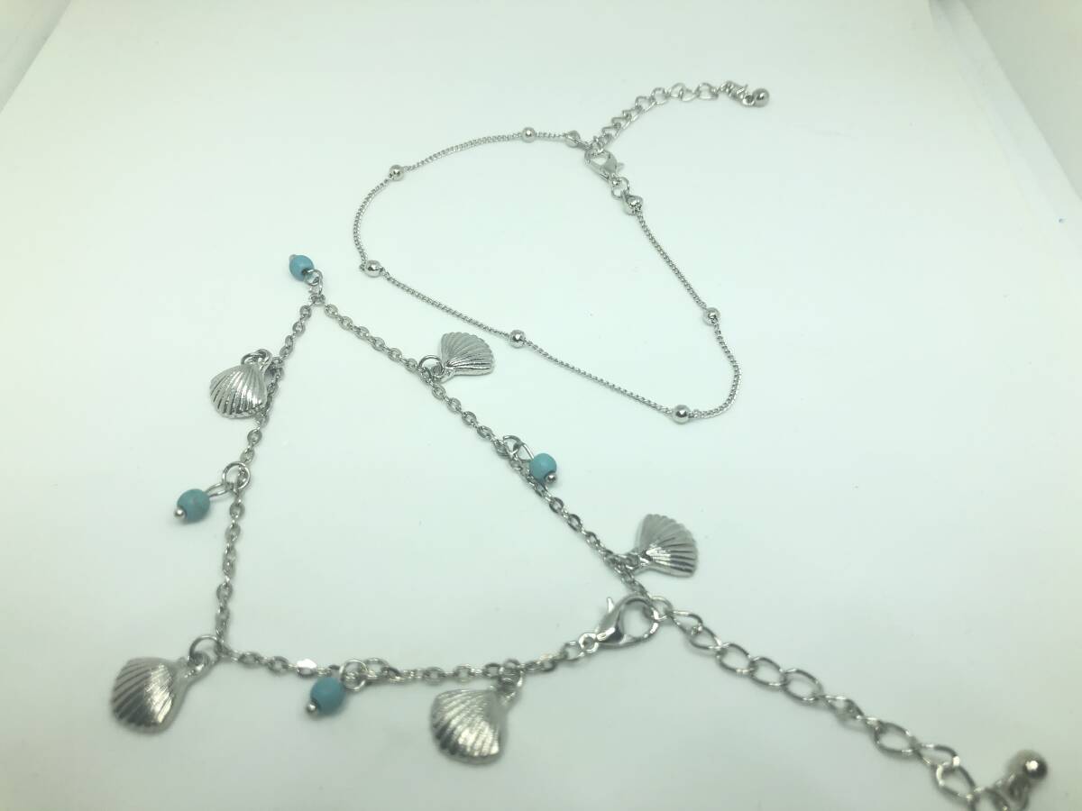 ハワイアンジュエリー★貝殻＆ターコイズ色 アンクレット 2本セット★シルバー