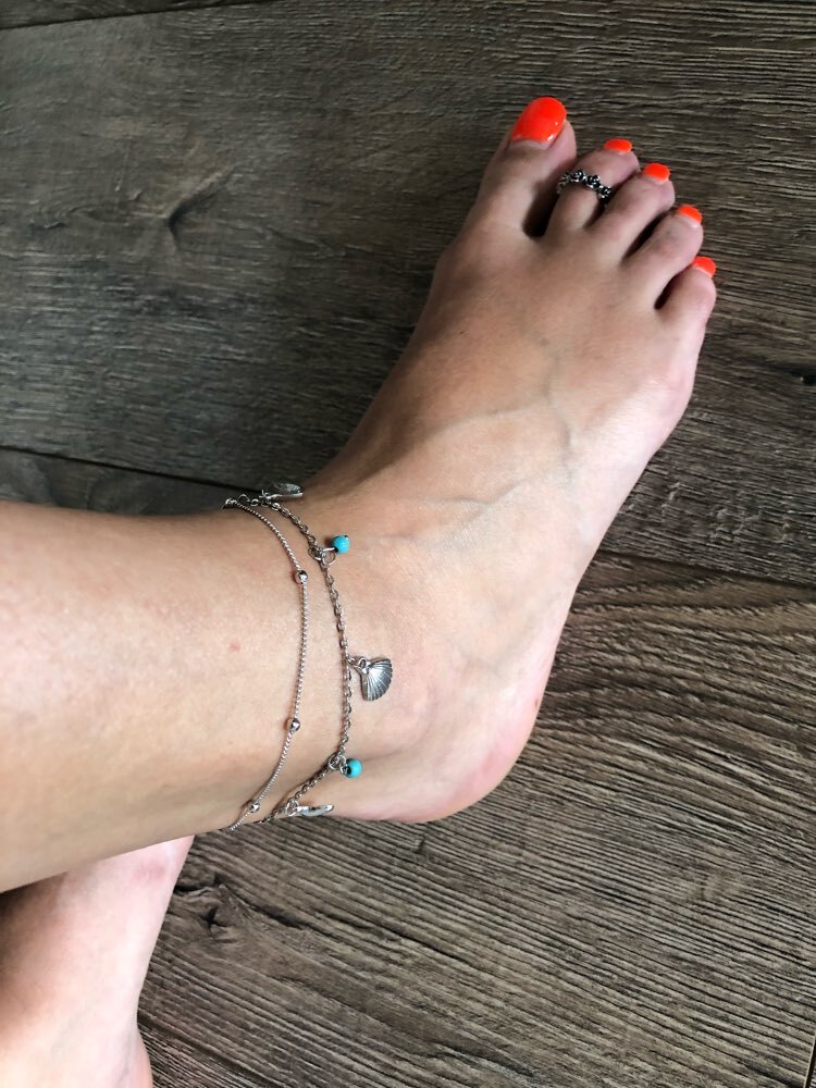 ハワイアンジュエリー★貝殻＆ターコイズ色 アンクレット 2本セット★シルバー