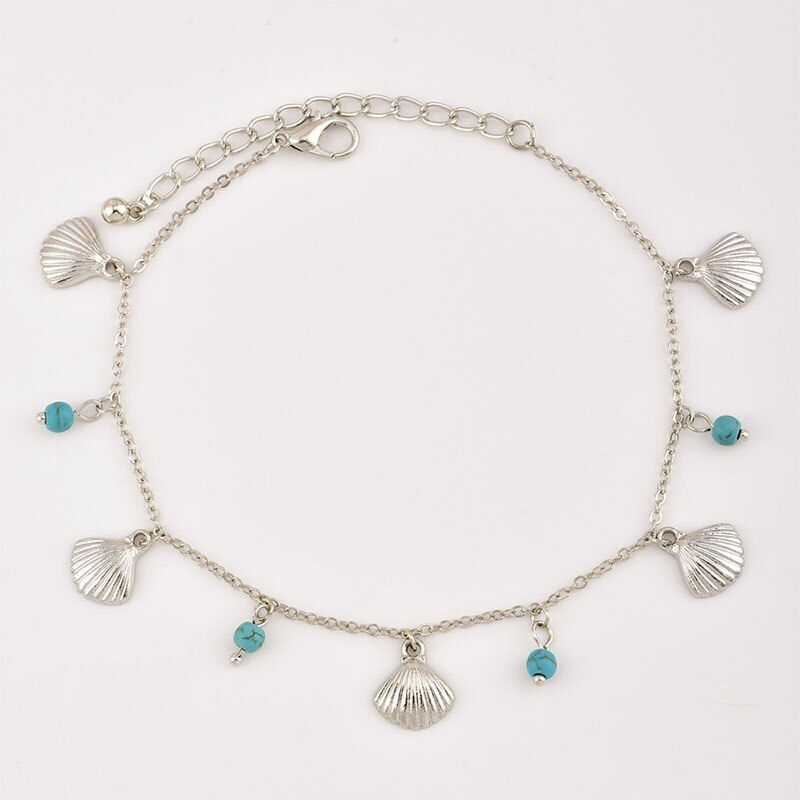 ハワイアンジュエリー★貝殻＆ターコイズ色 アンクレット 2本セット★シルバー