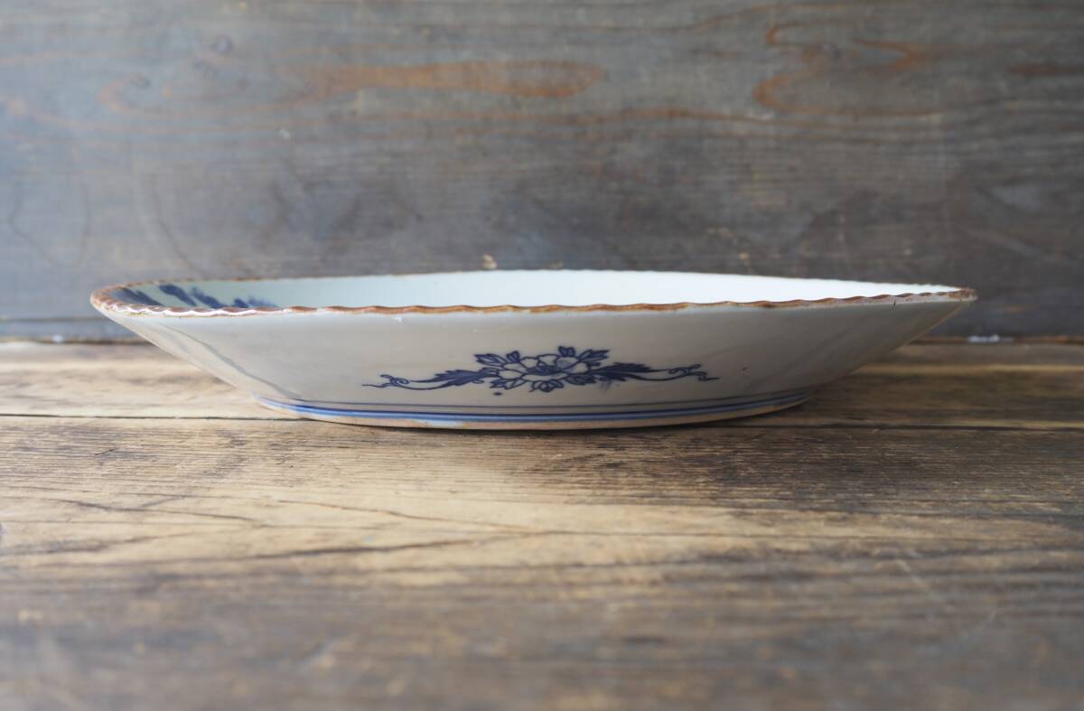 【OAN】 古伊万里 印判 染付 口紅 1尺 皿 上瀧 銘有 骨董 古美術 古道具 民藝 古民藝 茶道具 懐石 古玩 初期 伊万里 波佐見 窯傷 S25921_画像4