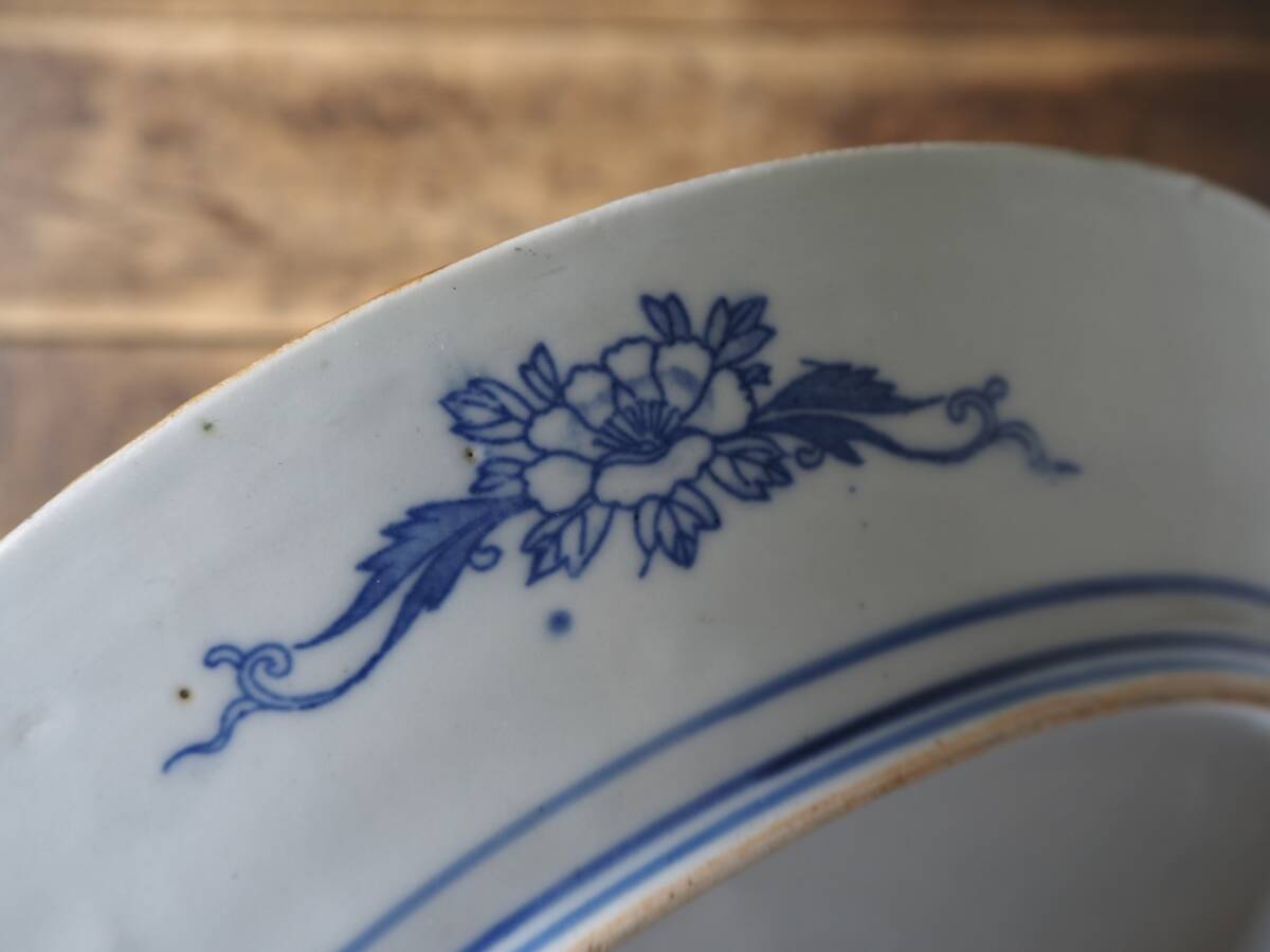 【OAN】 古伊万里 印判 染付 口紅 1尺 皿 上瀧 銘有 骨董 古美術 古道具 民藝 古民藝 茶道具 懐石 古玩 初期 伊万里 波佐見 窯傷 S25921_画像5