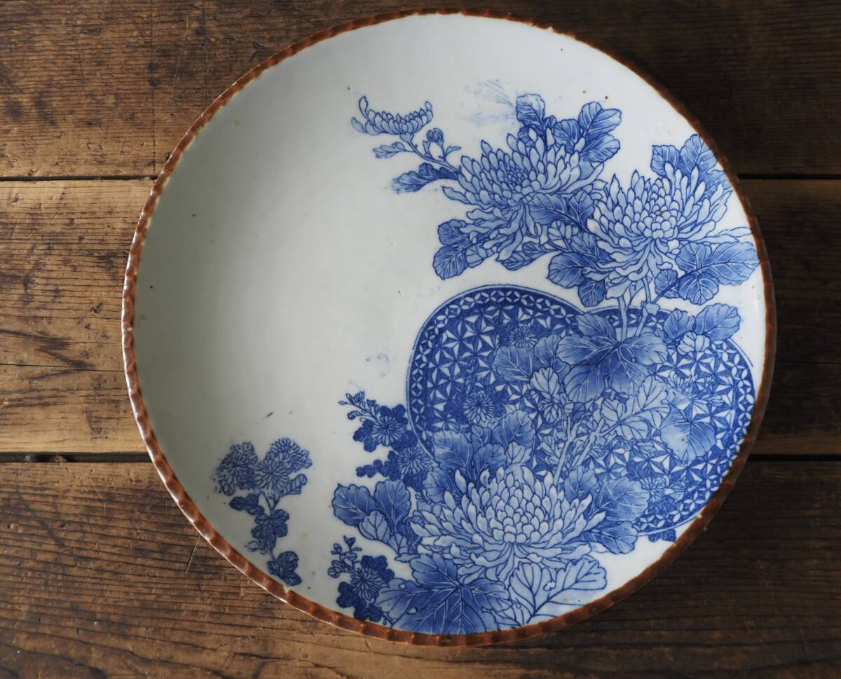 【OAN】 古伊万里 印判 染付 口紅 1尺 皿 上瀧 銘有 骨董 古美術 古道具 民藝 古民藝 茶道具 懐石 古玩 初期 伊万里 波佐見 窯傷 S25921_画像3
