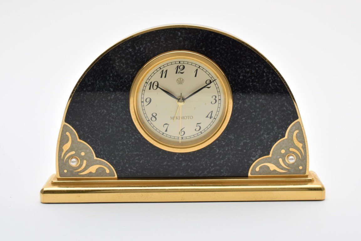 ミキモト パール付き 高級 置時計 アーチ形 アラーム クロック 卓上時計 ゴールド ブラック 真珠 PEARL 3針 QUARTZ MIKIMOTO