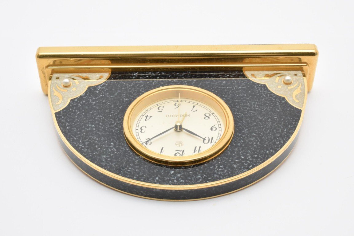 ミキモト パール付き 高級 置時計 アーチ形 アラーム クロック 卓上時計 ゴールド ブラック 真珠 PEARL 3針 QUARTZ MIKIMOTO