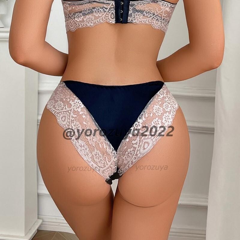 184-122-7 セクシー レース バイカラーランジェリーショーツ【ブルーブラック,XL】レディース 女性 下著 ブリーフ 勝負(fù)下著 パンティ 1