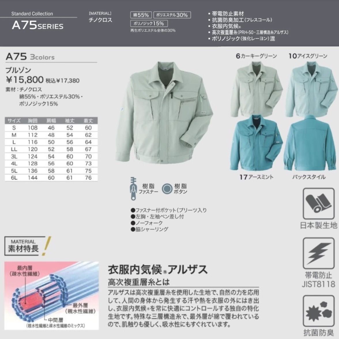 (在庫処分) 新品未使用品 旭蝶 [A75] 長袖ジャンパー サイズ LL /カーキグリーン/通年/帯電防止/作業着/作業服/ブルゾン/ワークウェア_画像8