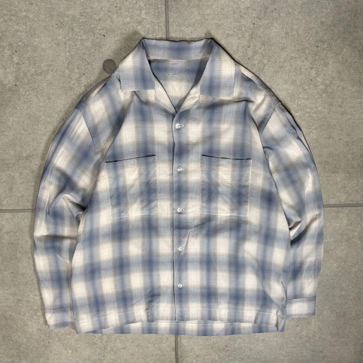 長袖シャツ　オンブレチェック　レーヨン　とろみ　オープンカラー　ボックス型　逸品　ヴィンテージ　希少配色　開襟　ブルー　ホワイト M_画像1