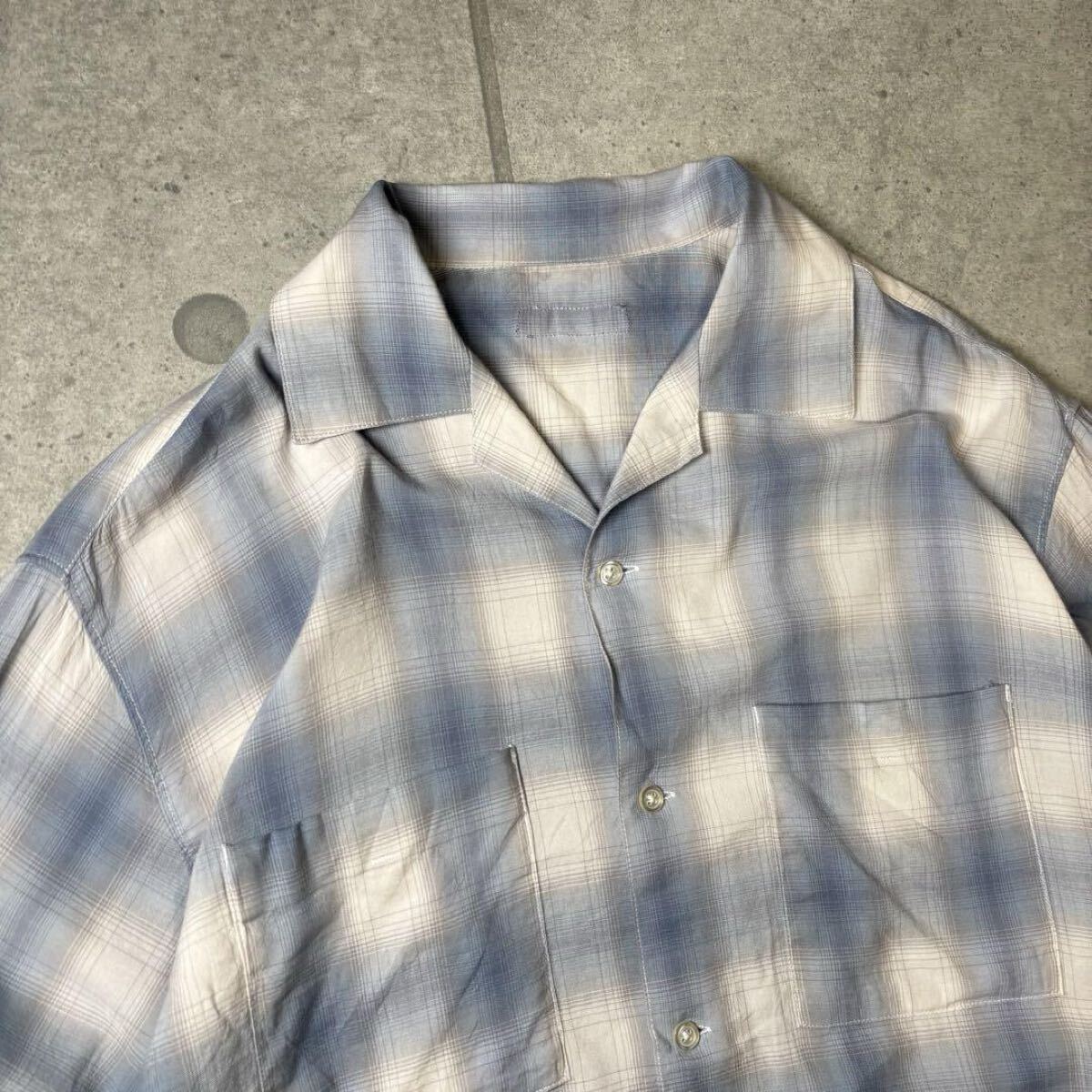 長袖シャツ　オンブレチェック　レーヨン　とろみ　オープンカラー　ボックス型　逸品　ヴィンテージ　希少配色　開襟　ブルー　ホワイト M_画像2