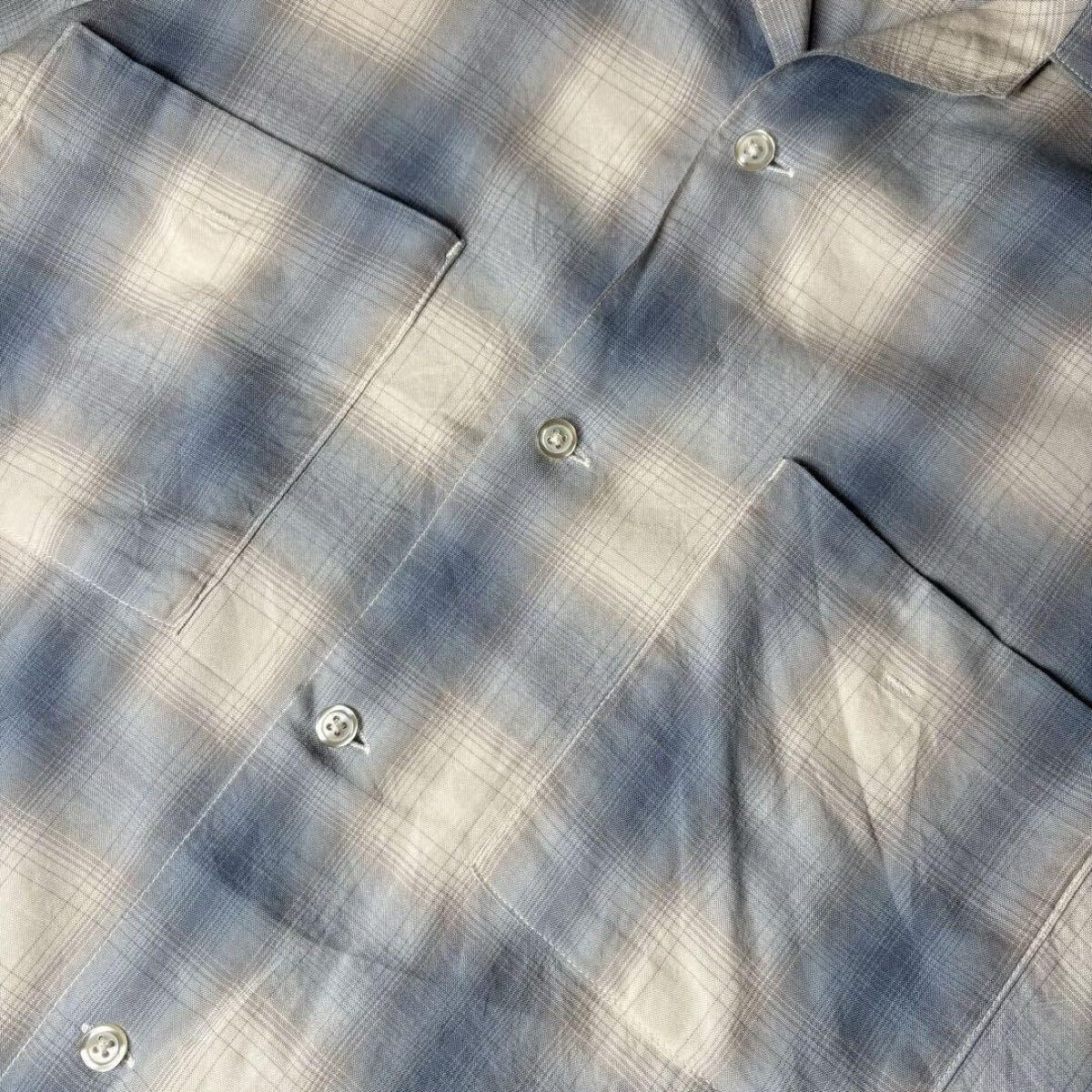 長袖シャツ　オンブレチェック　レーヨン　とろみ　オープンカラー　ボックス型　逸品　ヴィンテージ　希少配色　開襟　ブルー　ホワイト M_画像4