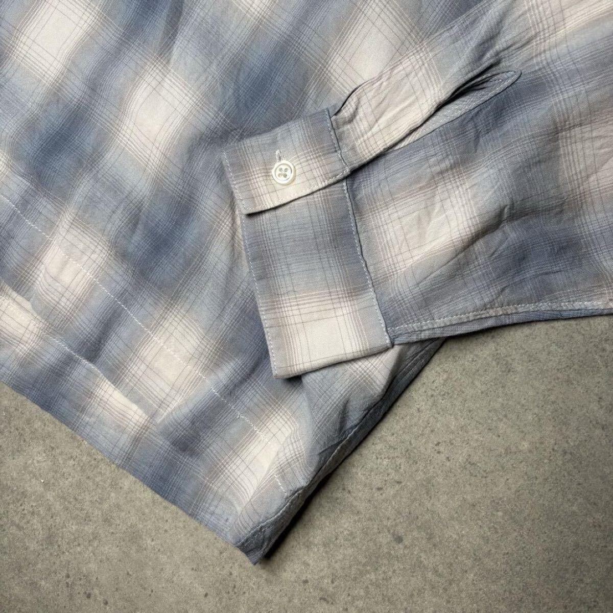 長袖シャツ　オンブレチェック　レーヨン　とろみ　オープンカラー　ボックス型　逸品　ヴィンテージ　希少配色　開襟　ブルー　ホワイト M_画像5