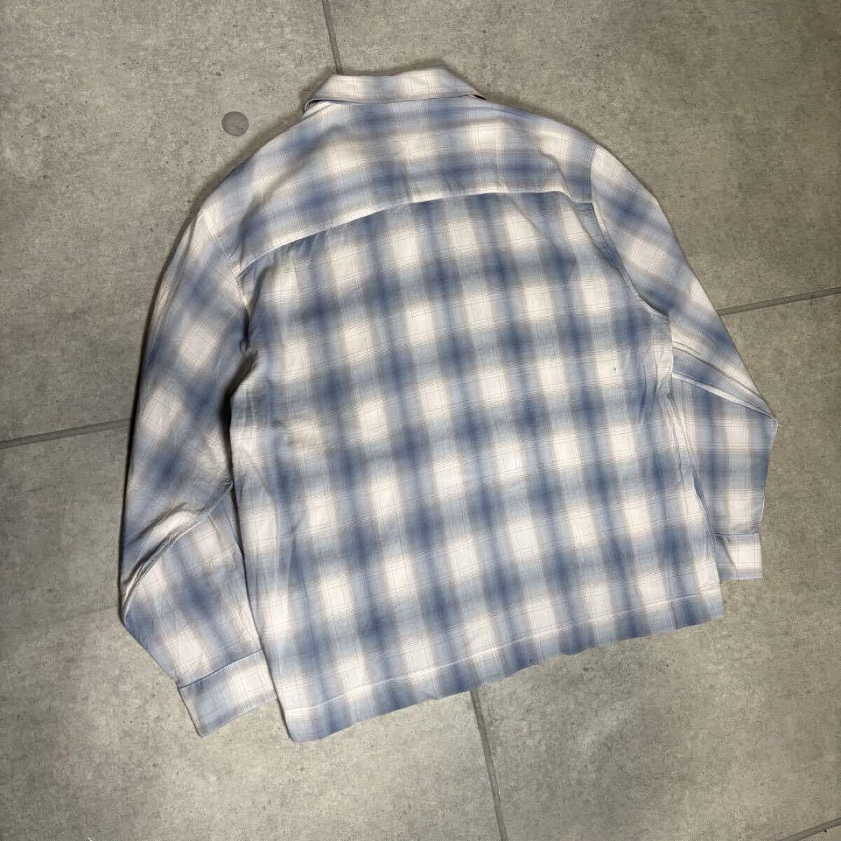 長袖シャツ　オンブレチェック　レーヨン　とろみ　オープンカラー　ボックス型　逸品　ヴィンテージ　希少配色　開襟　ブルー　ホワイト M_画像8