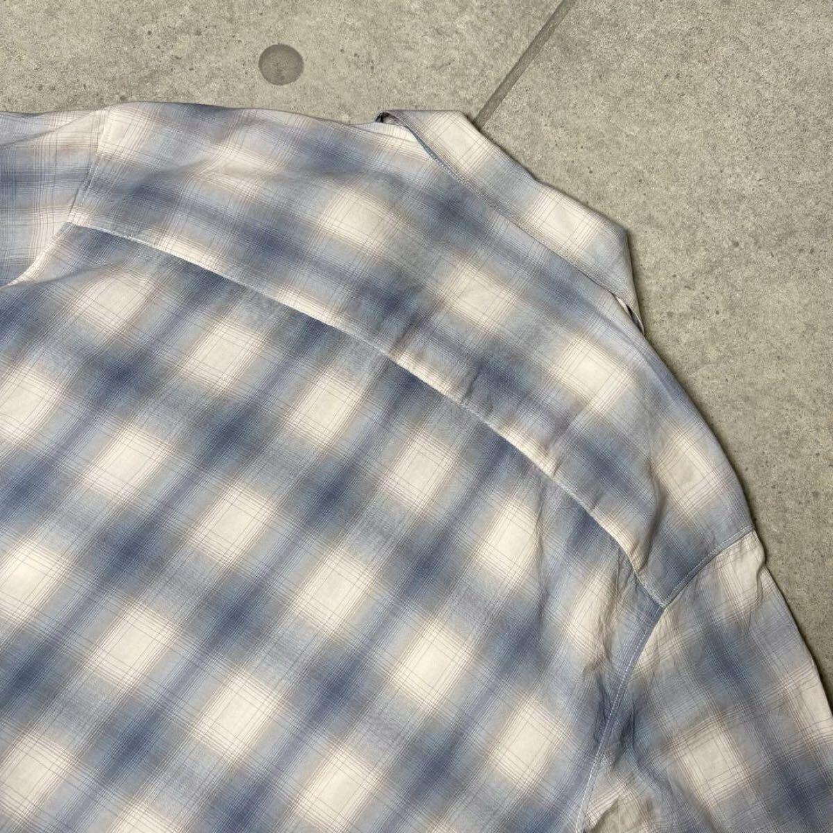 長袖シャツ　オンブレチェック　レーヨン　とろみ　オープンカラー　ボックス型　逸品　ヴィンテージ　希少配色　開襟　ブルー　ホワイト M_画像9