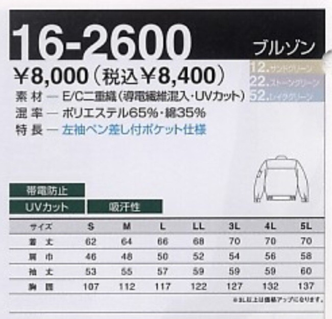 5228 TS DESIGN 藤和|作業ブルゾン16-2600|レイクグリーン|Lサイズ|新品未使用|春夏|綿ポリ混紡|作業着|ジャンパー ジャンバー|TSデザイン_画像7
