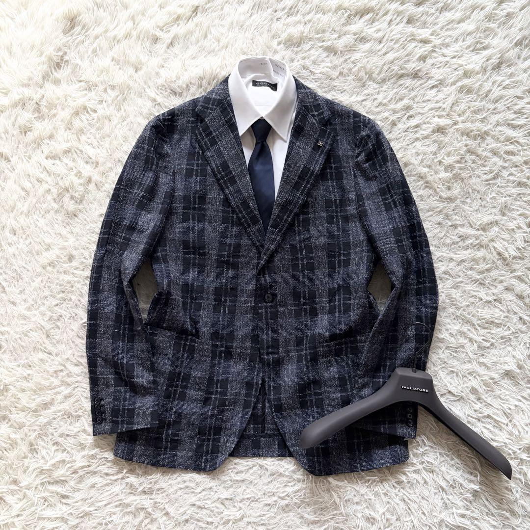 ＜極美品＞ TAGLIATORE タリアトーレ 新ロゴ ネイビー コットン リネン ジャケット サイズ50 Lサイズ ビジネス 結婚式_画像1