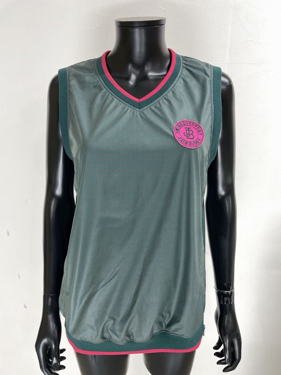 【USED】Jack Bunny ジャックバニー ポリエステル Vネック ベスト 裏地メッシュ ドット柄 グリーン 緑 レディース 2 L ゴルフウェア_画像1