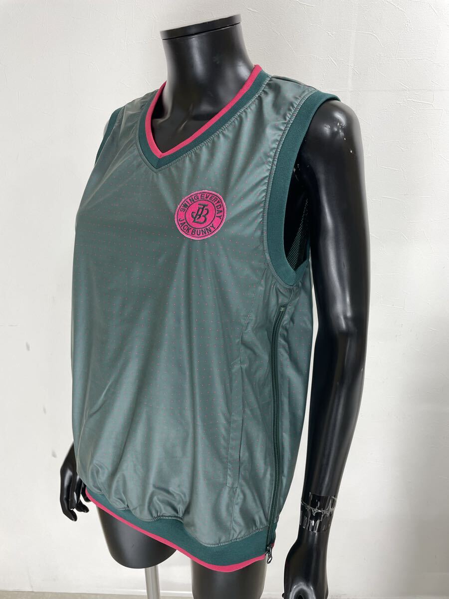 【USED】Jack Bunny ジャックバニー ポリエステル Vネック ベスト 裏地メッシュ ドット柄 グリーン 緑 レディース 2 L ゴルフウェア_画像5