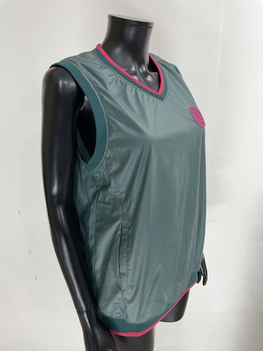 【USED】Jack Bunny ジャックバニー ポリエステル Vネック ベスト 裏地メッシュ ドット柄 グリーン 緑 レディース 2 L ゴルフウェア_画像6