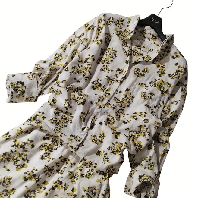 77 【Mila Owen】 麻混 リネン混 シャツワンピース ロングワンピース 1 ホワイト 花柄 フラワー 総柄 フレア きれいめ ボタンダウン _画像3