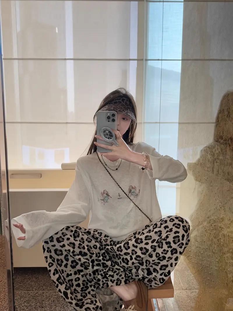  женский широкий нога брюки высокий талия Leopard рисунок свободно Корея *