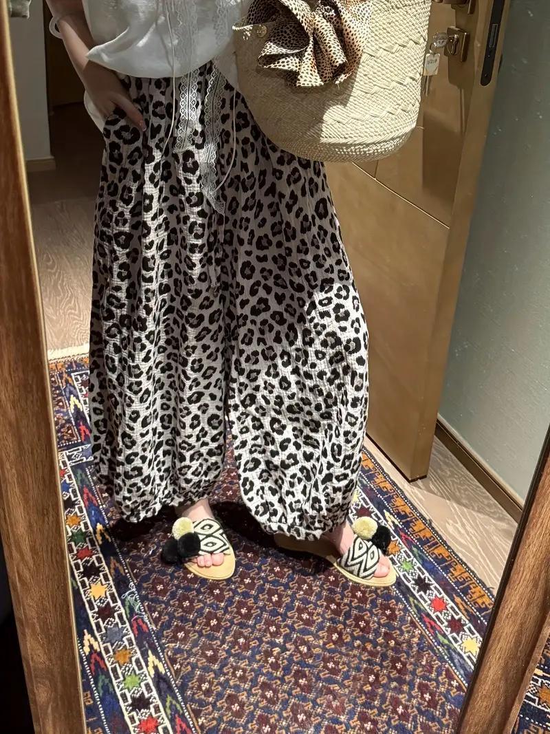  женский широкий нога брюки высокий талия Leopard рисунок свободно Корея *