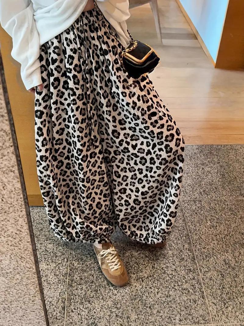  женский широкий нога брюки высокий талия Leopard рисунок свободно Корея *