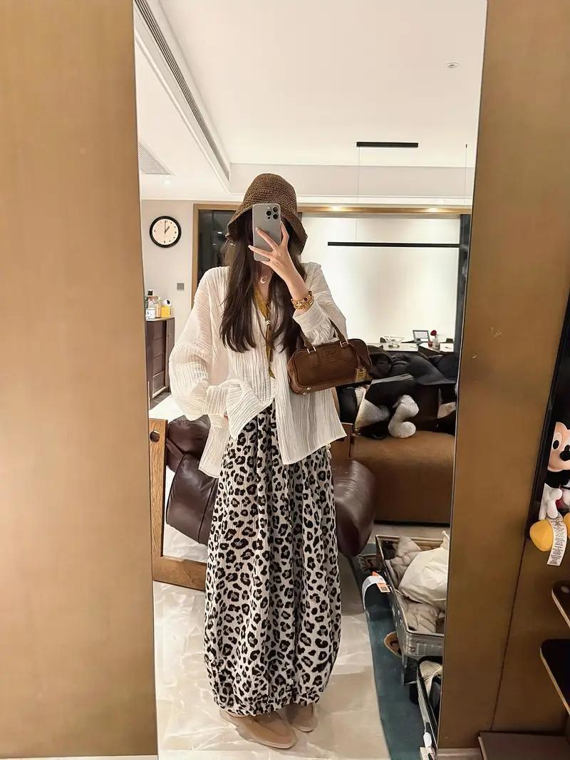  Корея способ женский широкий нога брюки высокий талия Leopard рисунок свободно *