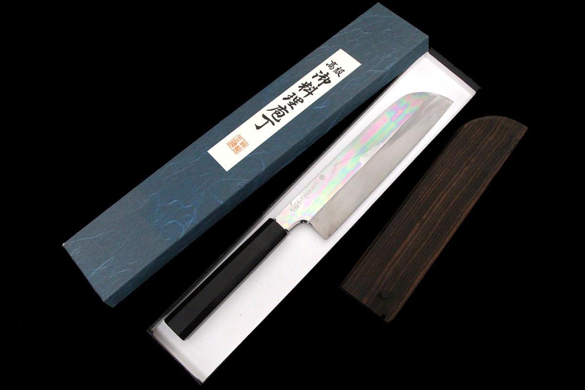 未使用品|高鳳正國 玄海正國 向米雄 伯鳳 伯井實 鎌型薄刃包丁 水焼本焼 八寸 富士波 満月 黒檀柄 黒檀鞘・箱付 λA7046-2L4_画像1