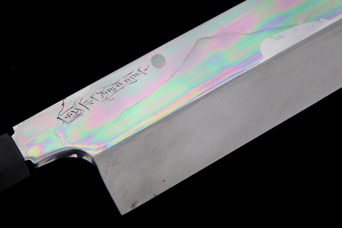 未使用品|高鳳正國 玄海正國 向米雄 伯鳳 伯井實 鎌型薄刃包丁 水焼本焼 八寸 富士波 満月 黒檀柄 黒檀鞘・箱付 λA7046-2L4_画像3